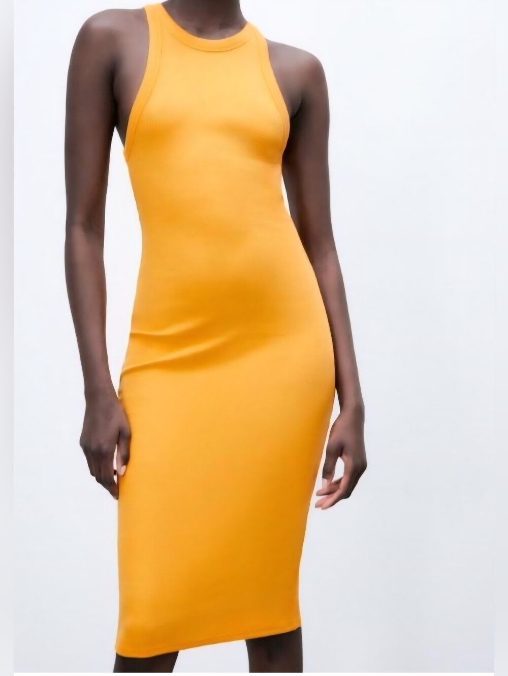 Zara Bodycon Midi Ribbed Dress in Mustard/Orange/Tangerine/Gold/Yellow Small